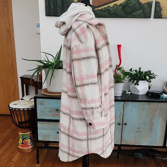 NEW - 7 FOR ALL MANKIND Pink & Cream Plaid Shacket Duster Coat - Picture 5 of 13